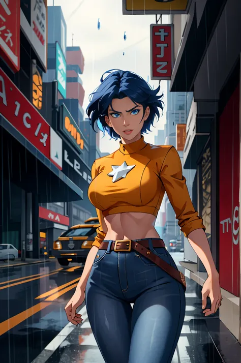 maryms, Best Quality,(beauty), 1girl,phisically-based render ,ultra highres,(cowboy shot:1.5),narrow waist, skinny, LeonaMS , big blue eyes,long legs,jeans,leather belt,big breasts,puffy eyes, leather belt,(rainy city), shiny skin, facing viewer, excited t...