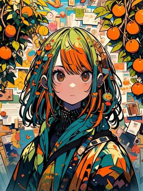 ((((masterpiece)))), highest quality, very_expensive_solve, big_file size, Full Color, look up, With a gentle expression, 1 girl, Background full of mandarins