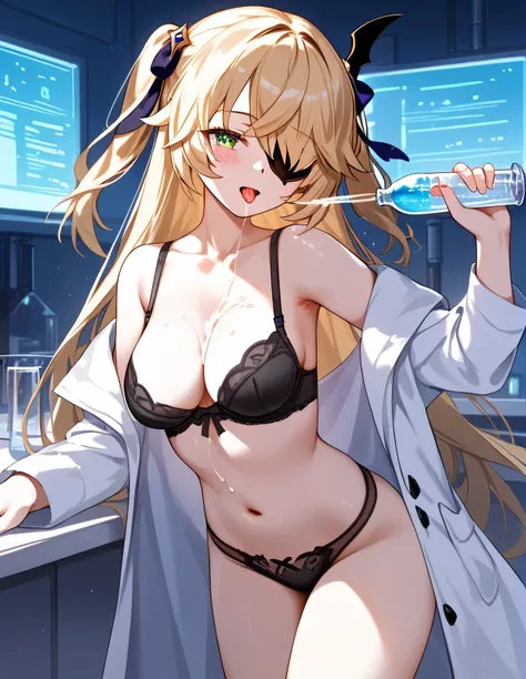 score_9,score_8_up,score_7_up,score_6_up,best quality,masterpiece,rating_explicit, mature female,milf,Very aesthetic, fischl_(genshin_impact),medium breasts,blonde_hair,highres,eyepatch,long hair,green eyes,two_side_up,hair_ribbon,bare_shoulders,hair_over_...