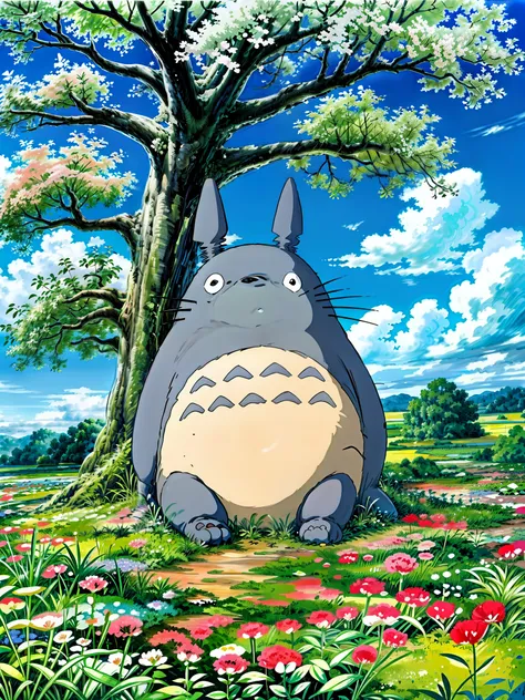 totoro sleeping in the field of flowers under tree, blue cloudy sky, studio ghibli,  4k hd,, beautiful art uhd 4 k, a beautiful artwork illustration, beautiful digital painting, highly detailed digital painting, beautiful digital artwork, detailed painting...
