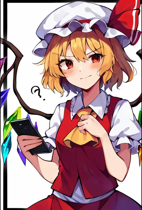 source_anime, (2d), score_9, score_8_up, score_7_up, score_6_up, score_5_up, score_4_up, solo, 1girl, standing, holding phone, looking at phone, :o, flandre_scarlet_touhou, blonde_hair, wings, red_eyes, crystal, bangs, hat, one_side_up, ribbon, mob_cap, bo...