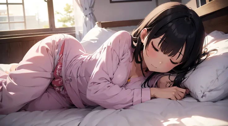 A beautiful girl sleeping soundly in bed in pajamas　Japanese anime style