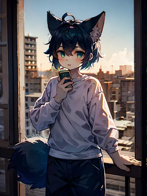 Girl,Curly hair,Fox Ears,Men&#39;s,shirt,Best,Short pants,Green Eyes,Black and mint green fur,masterpiece,tooth,Fox Tail,juvenile