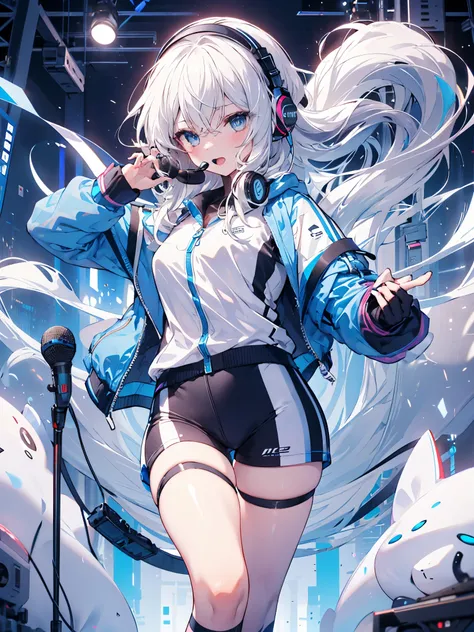 earphone，microphone，headset，sportswear，long hair，girl，blue eyes，white hair，