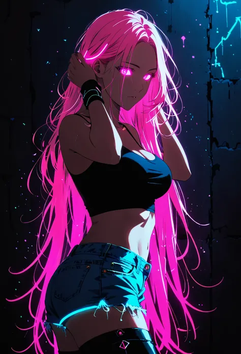 (Pink fluorescent Graffiti of mysterious Libra:2.0)，indoor，Fluorescent illumination， (Darkness shrouded, black background, shadow, extreme darkness, Dark atmosphere：3.0),Wall background，black background，silhouette，shadow，extreme darkness，Minimalist graffit...