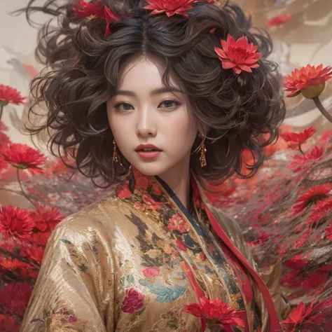 32K（tmasterpiece，k hd，hyper HD，32K）Large curls，Flowing rouge，ponds，zydink， a color，  Asian people （Silly girl）， （Silk scarf）， Combat posture， looking at the ground， Large rolls of rouge， Flowing rouge curls， Crocodile leather tiara， Chinese long-sleeved cl...