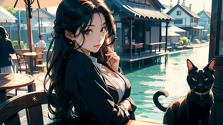 Black catがテーブルに座っている, Cafe with cats, A beautiful girl with brunette and long hair in a blazer uniform is chatting with a black cat at a seaside cafe, Black cat, beautiful girl, A beautiful girl and a black cat are having a conversation on the terrace of a...