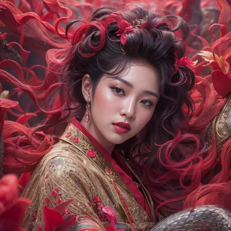 32K（tmasterpiece，k hd，hyper HD，32K）Large curls，Flowing rouge，ponds，zydink， a color， Asian people （Silly girl）， （Silk scarf）， Combat posture， looking at the ground， Large rolls of rouge， Flowing rouge curls， Crocodile leather tiara， Chinese long-sleeved clo...