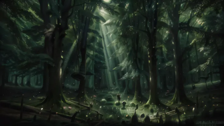 a mystical, scary, dark forest. spores floating in the air, ground fog and mist,