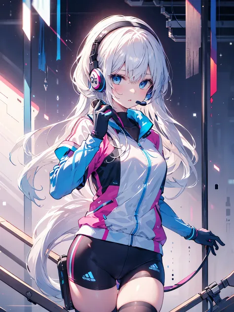 earphone，headset，sportswear，long hair，girl，blue eyes，white头发，sleeved gloves，hand silk，white，