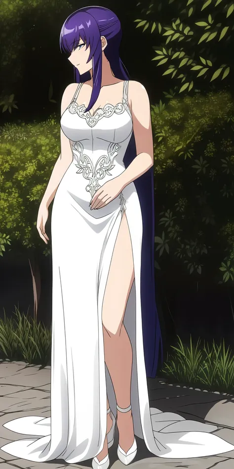 saeko busujima in a white vestido de novia standing outside, vestido intrincado, beautiful vestido de novia, intrincado vestido ...