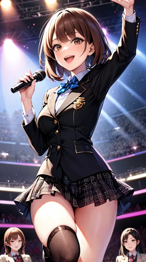 quality,masterpiece,Ultra-high resolution,(Actual:1.4),Original photo,Ultra-high resolution，8K，Wearing Nogizaka46 stage costumes，Fancy makeup with red eyeshadow，Big laughing smile，Short cut with delicate brown hair，A live costume of a high school girl&#39;...