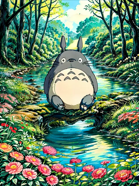 a painting of a totoro sitting near the river, flowers, multicolored flowers, my neighbor totoro, totoro from my neighbor totoro, hayao miyazakis movies, onstudio ghibli, ghibli studio style, of totoro, style of studio ghibli, moody :: studio ghibli, totor...