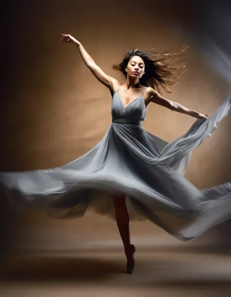 Motion blur portrait, full body portrait, low speed photography of A beautiful woman dancing theater stage, she works to free herself from the underwire and the only cloth left adorning her natural state, in the style of low-key shot, photorealistic, hyper...