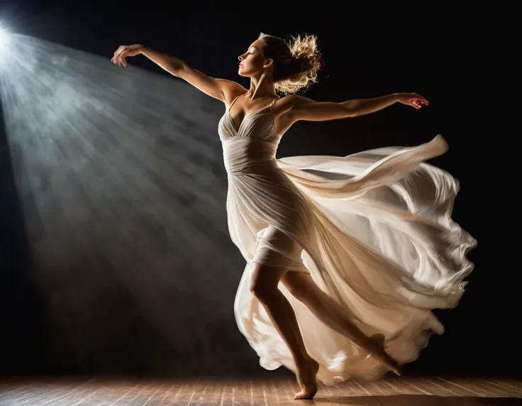 Motion blur portrait, full body portrait, low speed photography of A beautiful woman dancing theater stage, she works to free herself from the underwire and the only cloth left adorning her natural state, in the style of low-key shot, photorealistic, hyper...