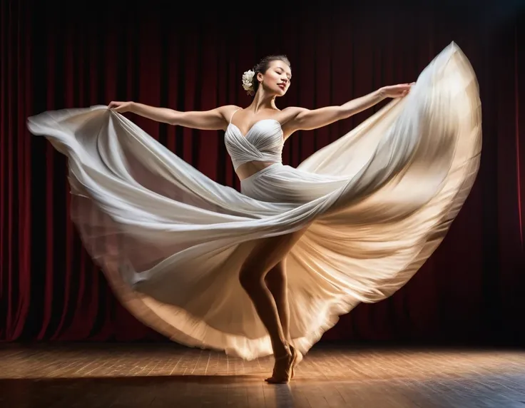 Motion blur portrait, full body portrait, low speed photography of A beautiful woman dancing theater stage, she works to free herself from the underwire and the only cloth left adorning her natural state, in the style of low-key shot, photorealistic, hyper...