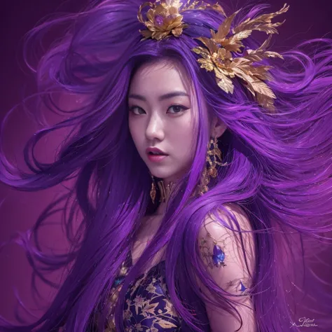 32K（tmasterpiece，k hd，hyper HD，32K）Long flowing bright purple hair，Autumn Pond，zydink， a color，  Asian people （Silly girl）， （Silk scarf）， Combat posture， looking at the ground， long whitr hair， Floating bright purple， Fire cloud pattern gold skull headdres...