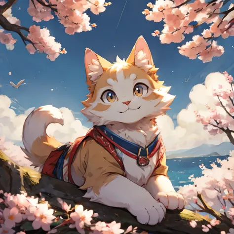 Cherry tree，pure white cat，Look up to the sky，sunny，The character is in the middle，hairy，Japanese anime style，a long tail，Smile，The background takes up most of the space