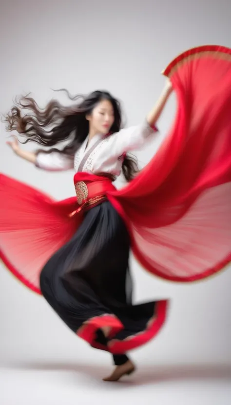 (motion blur 1.3), black and white close up, Chinese drum，Red drum，white background, (a beautiful girl in an intricate and colorful hanbok is passionately banging on a red drum: 1.3), semi-transparent stinging air particles on the hem of her skirt, profess...