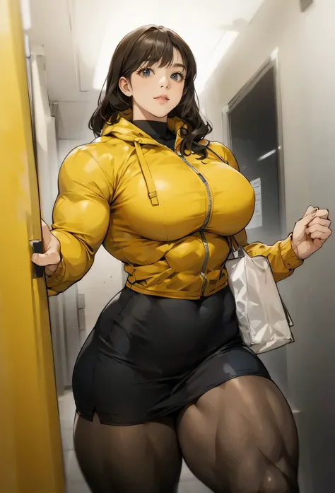 ,tall girl,solo, muscular female, alternate muscle size,,muscular ,biceps,,yellow jacket,pantyhose,muscular thighs,open door