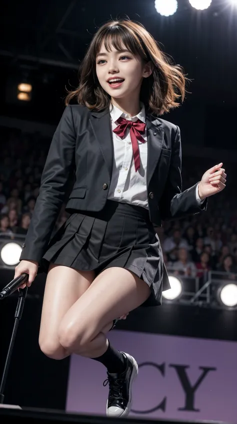 quality,masterpiece,Ultra-high resolution,(Actual:1.4),Original photo,Ultra-high resolution，8K，Wearing Nogizaka46 stage costumes，Fancy makeup with red eyeshadow，Big laughing smile，Short cut with delicate brown hair，A live costume of a high school girl&#39;...