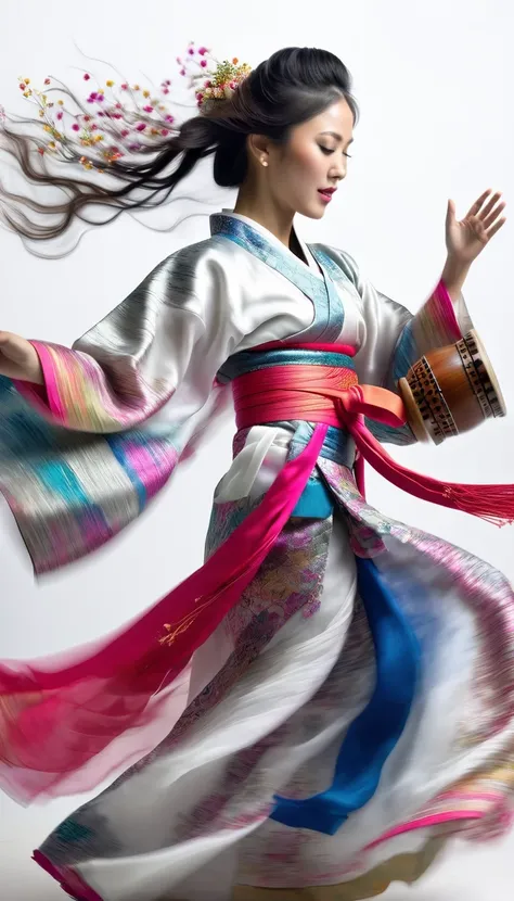 Motion blur, black and white close up, white background, (a beautiful girl in an intricate and colorful hanbok is passionately beating a Chinese drum: 1.3), semi-transparent stinging air particles on the hem of her skirt, professional fashion photography, ...