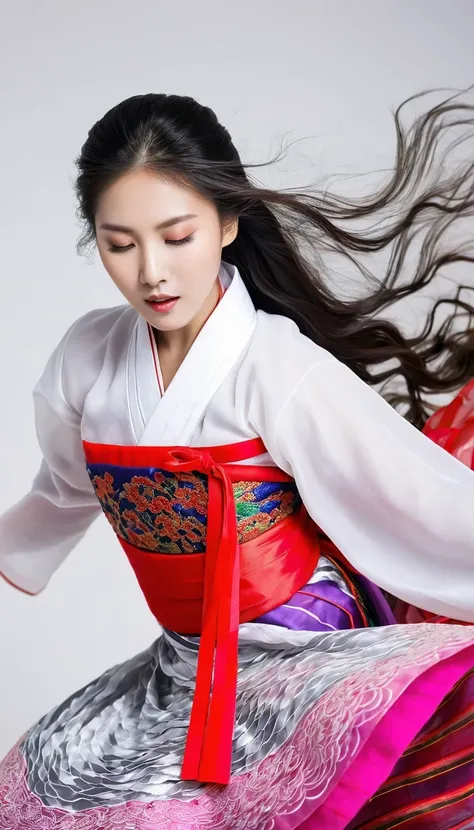 (Motion blur),(Blurred motion lines) ,black and white close up, white background, (a beautiful girl in an intricate and colorful hanbok is passionately beating a Chinese drum: 1.3), translucent dormant air particles on the hem of the skirt, professional fa...