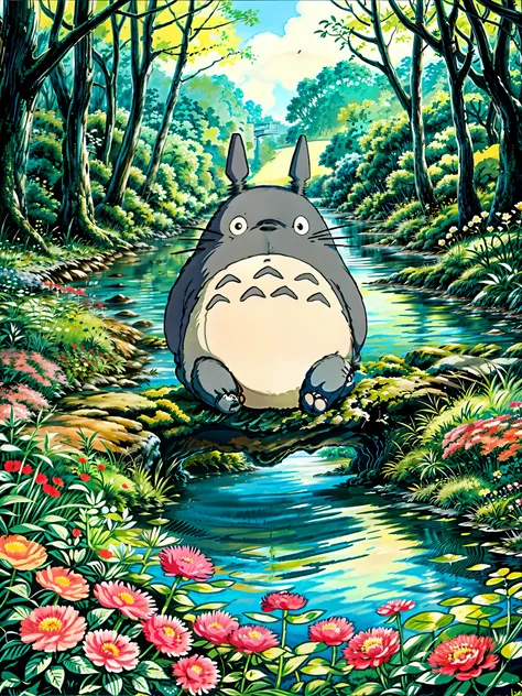 a painting of a totoro sitting near the river, flowers, multicolored flowers, my neighbor totoro, totoro from my neighbor totoro, hayao miyazakis movies, onstudio ghibli, ghibli studio style, of totoro, style of studio ghibli, moody :: studio ghibli, totor...