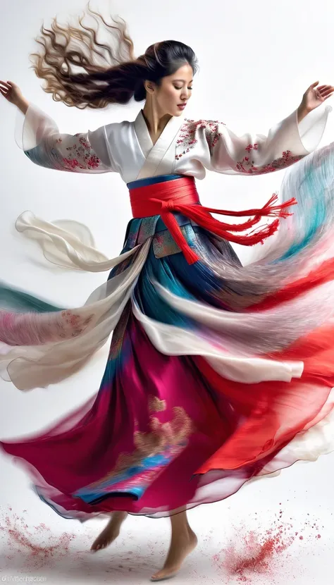 Motion blur, black and white close up, white background, (a beautiful girl in an intricate and colorful hanbok is passionately beating a red drum: 1.3), translucent stinging air particles on the hem of her skirt, professional fashion photography, super mac...