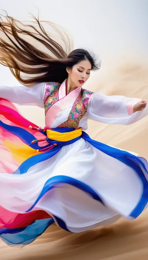 (Motion blur),(Blurred motion lines) ,black and white close up, white background, (a beautiful girl in an intricate and colorful hanbok is passionately beating a Chinese drum: 1.3), translucent dormant air particles on the hem of the skirt, professional fa...