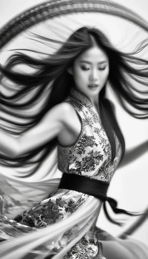 motion blumotion blur, black and white close up, white background, (a beautiful girl in an intricate and colorful chinese dress ...