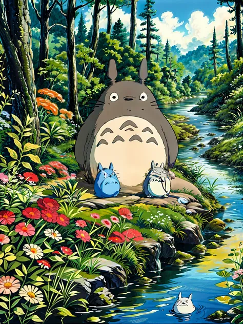 a painting of a totoro sitting near the river, flowers, multicolored flowers, my neighbor totoro, totoro from my neighbor totoro...