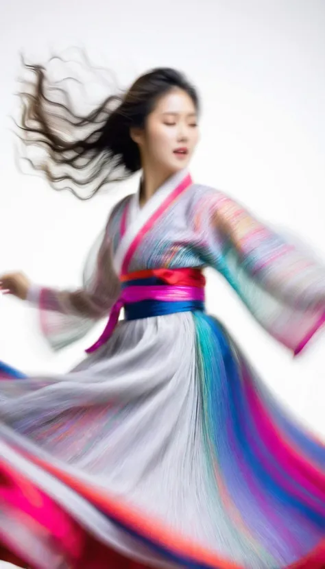 motion blur, black and white close up, white background, a woman in an intricate and colorful hanbok dress, spinning frantically...