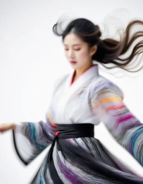 motion blur, black and white close up, white background, a woman in an intricate and colorful hanbok dress, spinning frantically...