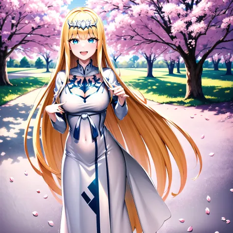 masterpiece, best quality, highres, aatakina, , reaching out, cherry blossoms, outdoors, petals, standing, cowboy shot, smile, open mouth, 1girl,solo, Calca, Calca Bessarez, blonde hair, extremely long hair, very long hair, white tiara, silver tiara, white...