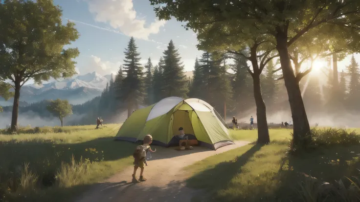 /imagine prompt: 3D Animation, personality: A group of excited kids setting up their tents at the campsite, with the sun rising over the picturesque forest in the background. Their expressions are filled with anticipation and eagerness as they prepare for ...