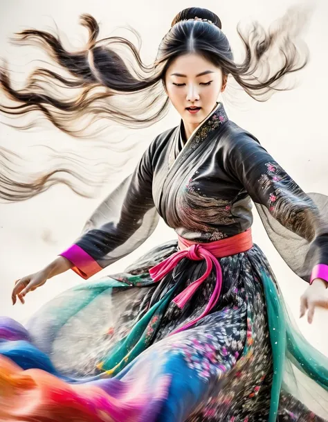 motion blur, black and white close up, white background, a woman in an intricate and colorful hanbok dress, spinning frantically...