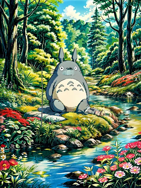 a painting of a totoro sitting near the river, flowers, multicolored flowers, my neighbor totoro, totoro from my neighbor totoro, hayao miyazakis movies, onstudio ghibli, ghibli studio style, of totoro, style of studio ghibli, moody :: studio ghibli, totor...