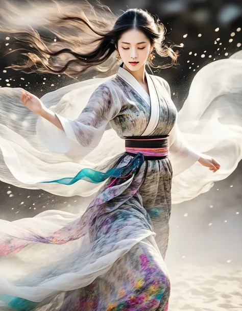 motion blur, black and white close up, white background, a woman in an intricate and colorful hanbok dress with translucent stin...