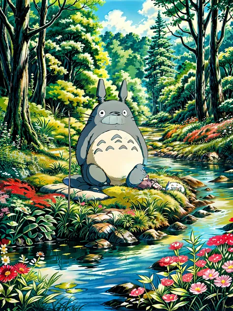 a painting of a totoro sitting near the river, flowers, multicolored flowers, my neighbor totoro, totoro from my neighbor totoro, hayao miyazakis movies, onstudio ghibli, ghibli studio style, of totoro, style of studio ghibli, moody :: studio ghibli, totor...