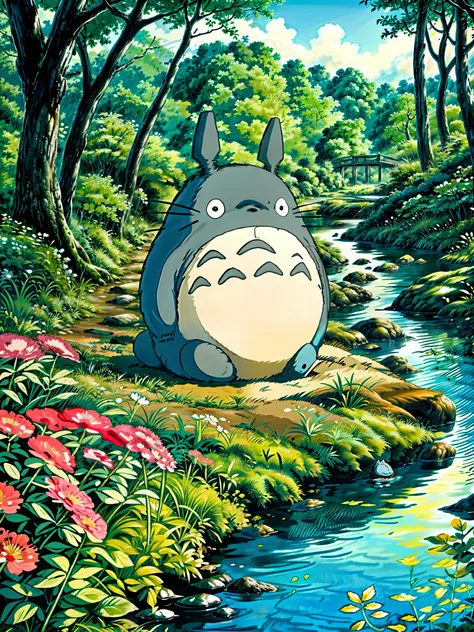 a painting of a totoro sitting near the river, flowers, multicolored flowers, my neighbor totoro, totoro from my neighbor totoro, hayao miyazakis movies, onstudio ghibli, ghibli studio style, of totoro, style of studio ghibli, moody :: studio ghibli, totor...