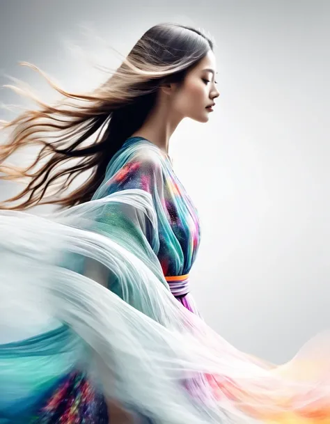 Motion Blur，black and white close up profile view of a woman in a complex colorful dress of misty translucent dormant air particles, on white background, professional fashion photography, super macro,hyper detailed texture of wavy long hair, poster like, j...