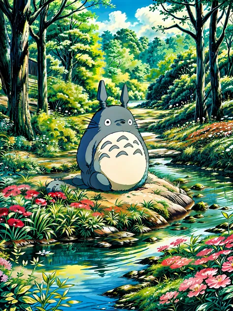a painting of a totoro sitting near the river, flowers, multicolored flowers, my neighbor totoro, totoro from my neighbor totoro, hayao miyazakis movies, onstudio ghibli, ghibli studio style, of totoro, style of studio ghibli, moody :: studio ghibli, totor...