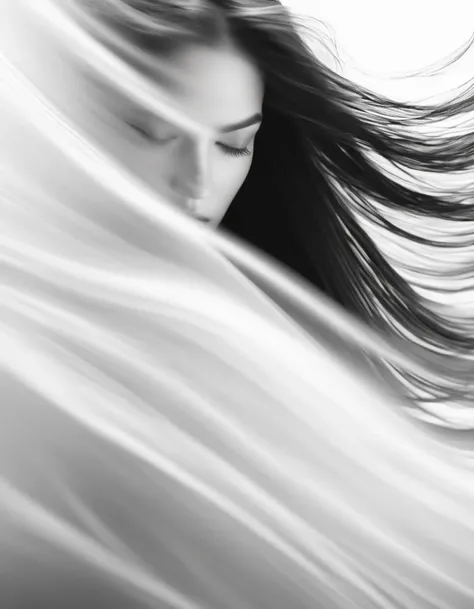 motion blur, black and white close up, white background, professional fashion black and white photography, super macro, misty li...