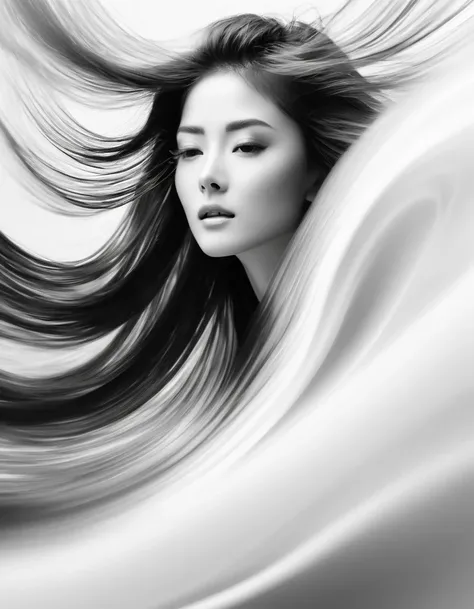 Motion Blur, (Half Body),black and white close up, white background, professional fashion black and white photography, super macro, misty light motion wave long hair with super detailed texture, poster style, minimalist, hand and face tilt shift, Nikon, Ha...