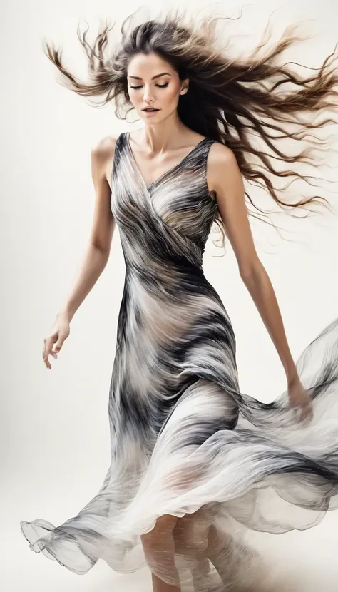 （Motion blurred），Black and white close up, white background, a woman in an intricate colorful dress with translucent stinging air particles on the hem, professional fashion photography, super macro, super detailed texture of long wavy hair, poster style, m...