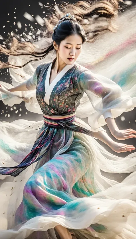 motion blur, black and white close up, white background, a woman in an intricate and colorful hanbok dress, spinning frantically...