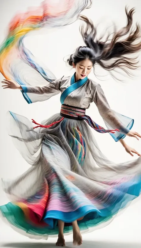 motion blur, black and white close up, white background, a woman in an intricate and colorful hanbok dress, spinning frantically...