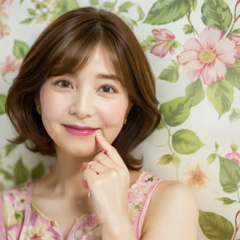 Upper Body　myself　woman　45 years old　Shortcuts、((brown hair)、short hair　beautiful hair shiny hair　Japan( sharpen ), (Purelos Face_v1:0.7), (8K, highest quality), unconscious, Open Eyes, Big, perfect hands, Detailed Finger, wedding ring, High resolution, or...