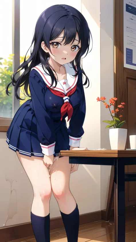 2 girls, by 2 person, Girl&#39;s brown eyes, black hair, medium long hair, Inward roll、(Navy blue sailor suit:1.4),indoors, Cafe、very big breasts、publish one&#39;chest of、Naked things&#39;chest of、blush、embarrassing、scary face、I&#39;m worried、confused face...